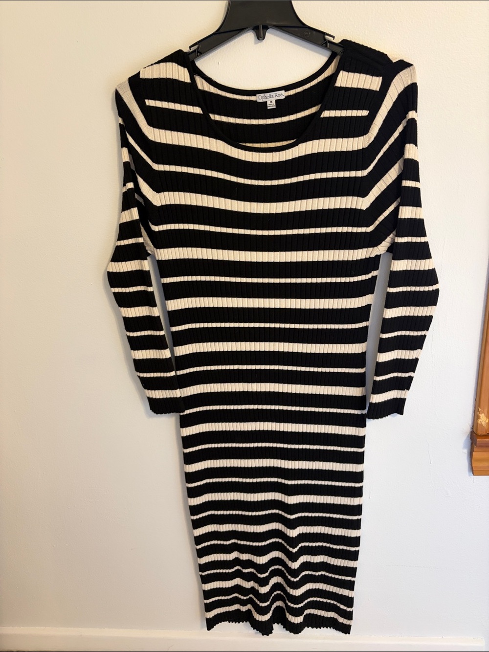 Striped Long Sleeve Ribbed Midi Dress in Black and White